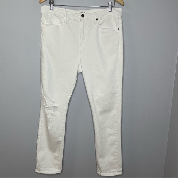 Frame  Le Beau Ripped Straight Leg Boyfriend Jeans In Blanc Drive Rips - Picture 2 of 9